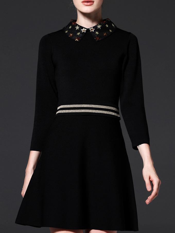 Romwe Black Stars Beading Knit A-line Dress