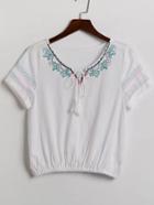 Romwe Contrast Mesh Tassel Tie V Neck Embroidery Top