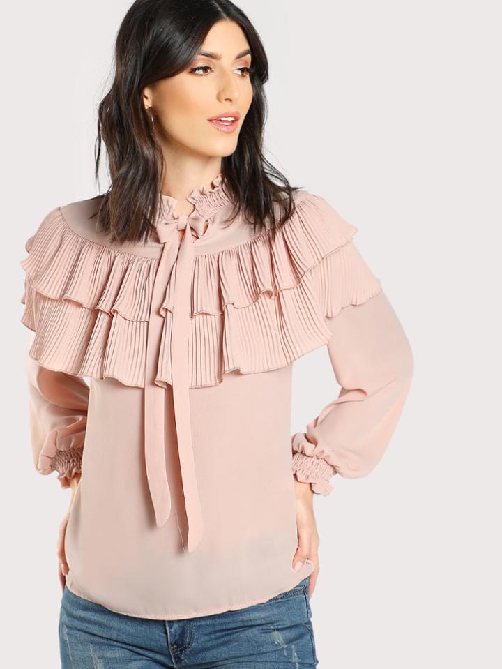 Romwe Shirred Collar And Cuff Pleated Trim Top