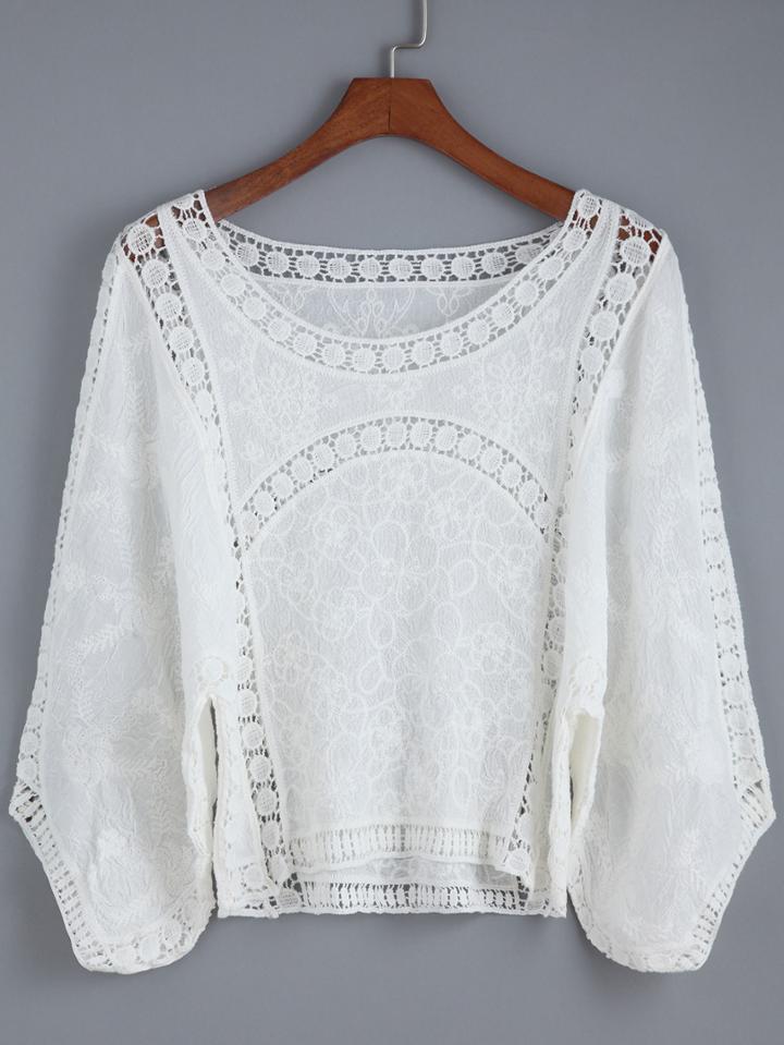 Romwe Puff Sleeve Lace Crochet Top
