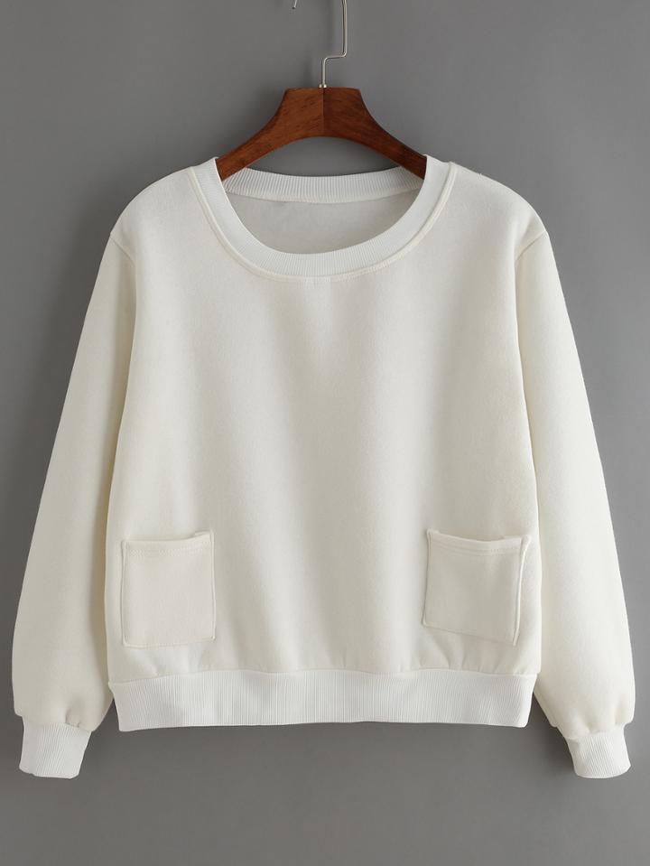 Romwe Pockets Loose White Sweatshirt