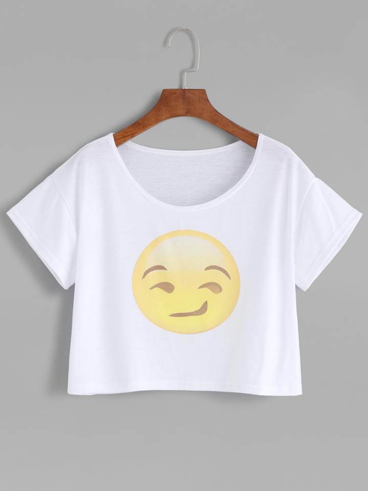 Romwe White Emoji Print Crop T-shirt
