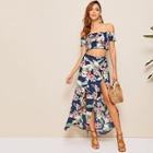 Romwe Floral Print Top With Split Skirt