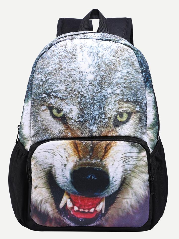Romwe Grey Wolf Head Print Backpack