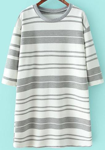 Romwe Round Neck Striped Loose Grey Dress