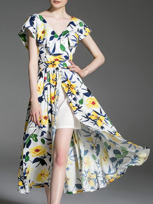 Romwe White V Neck Backless Split Ruffle Print Dress
