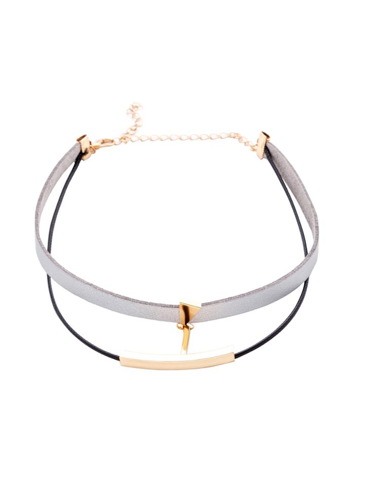 Romwe Grey Double Layer Metal Trim Choker Necklace