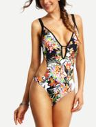 Romwe Flower Print Plunge Neck Cutout One-piece Swimwear