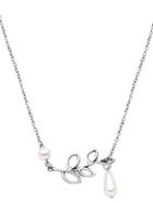 Romwe Silver Plated Faux Pearl Hollow Leaf Pendant Necklace