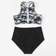 Romwe Mesh Panel Camouflage Racer Back Bikini Set