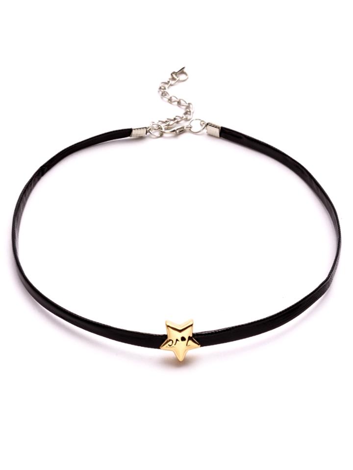 Romwe Black Faux Leather Metal Star Choker Necklace