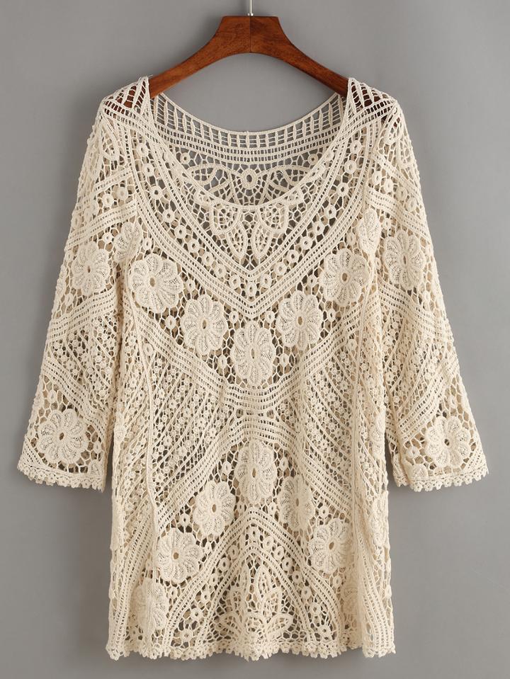 Romwe Apricot Crochet Hollow Out Top