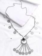 Romwe Silver Gem Inlay Long Coin Fringe Necklace