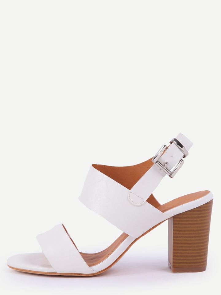 Romwe Wide Strap Stacked Heel Sandals - White