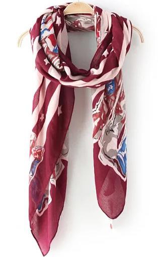 Romwe Star Print Striped Wine Red Scarf