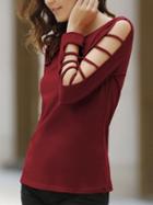 Romwe Burgundy Long Sleeve Cut Out T-shirt