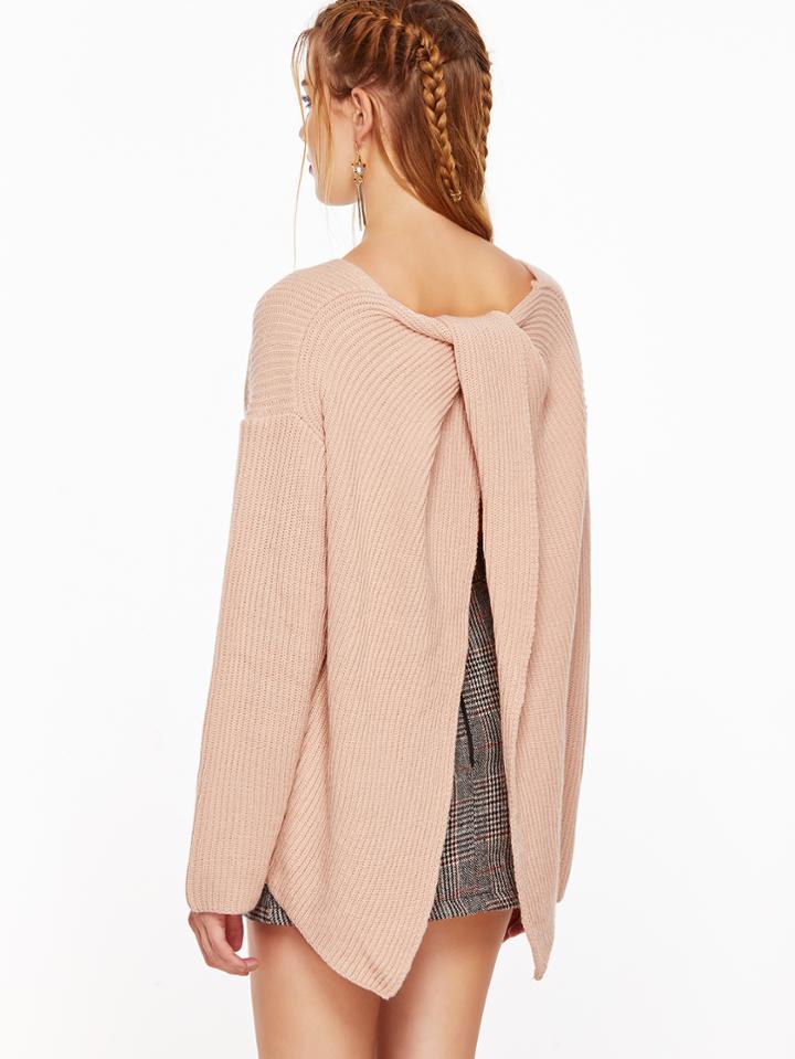 Romwe Pink Drop Shoulder Slit Knot Back Sweater