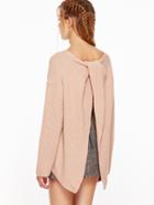 Romwe Pink Drop Shoulder Slit Knot Back Sweater