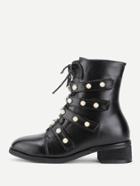 Romwe Faux Pearl Strap Front Lace Up Boots