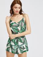 Romwe Green Tropical Print Elastic Waist Cami Romper
