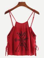 Romwe Side Lace-up Crop Embroidered Cami Top - Red