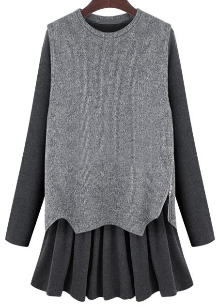 Romwe Grey Long Sleeve Flouncing Two Pieces Dress