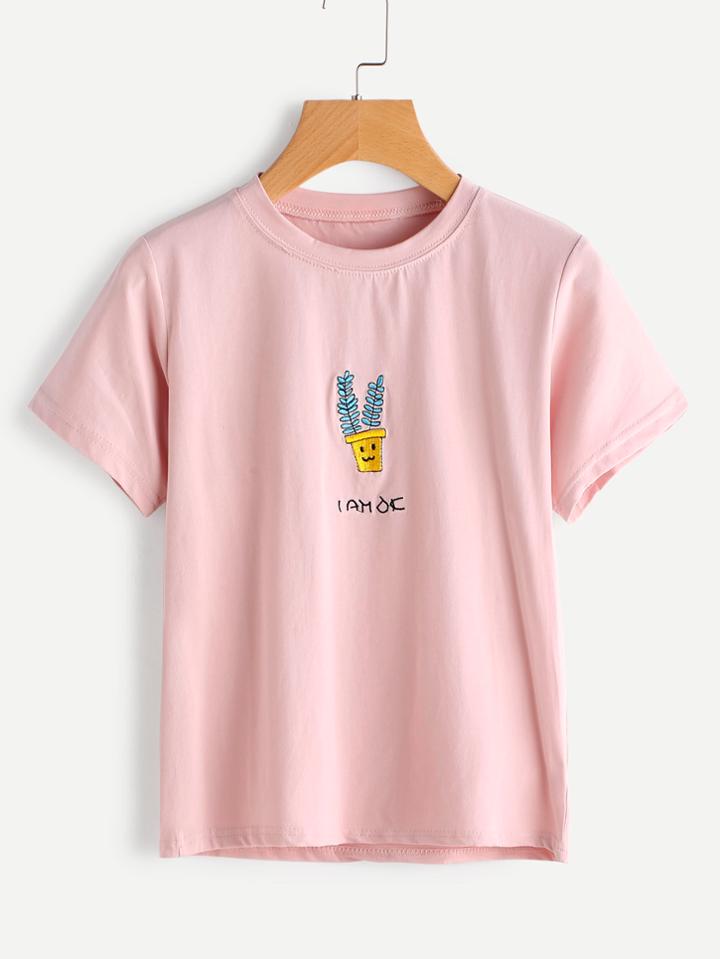 Romwe Plant Embroidered Cute Tee