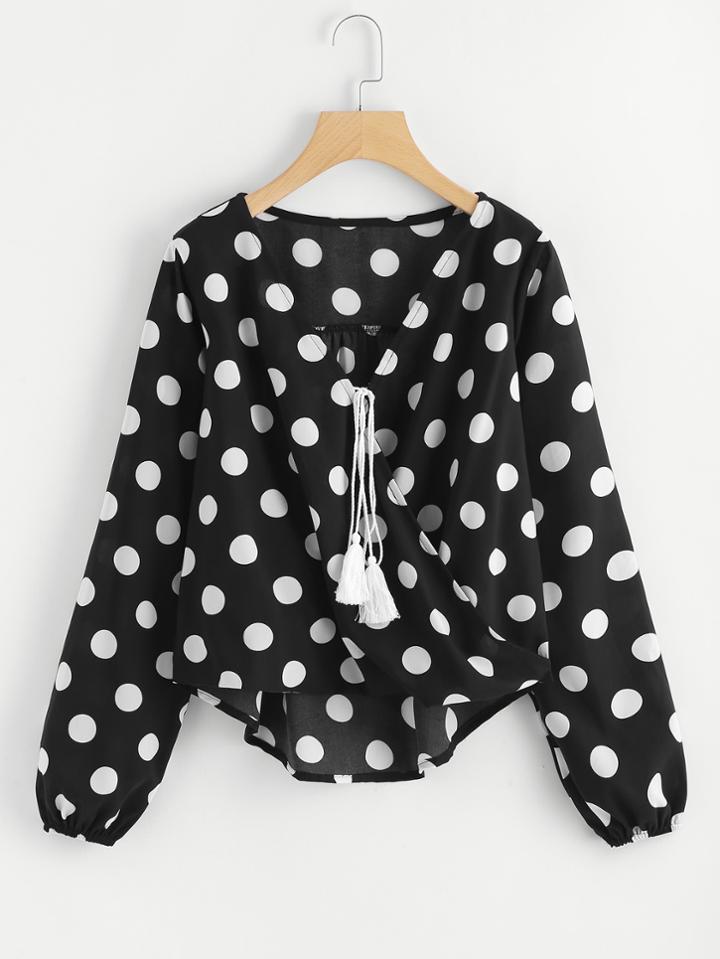 Romwe Surplice Neckline Tassel Tie Spot Blouse