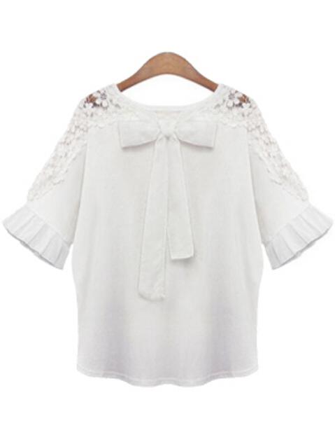 Romwe Hollow Embroidered Bow White Blouse