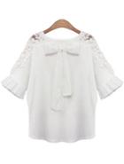 Romwe Hollow Embroidered Bow White Blouse