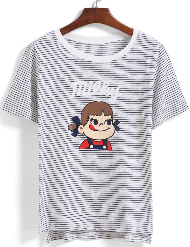 Romwe Dip Hem Striped Cartoon Print T-shirt
