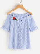 Romwe Open Shoulder Foldover Neck Rose Patch Stripe Blouse
