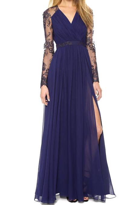 Romwe V Neck Sheer Lace Pleated Chiffon Dress