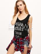Romwe Black Tank Neck Letter Print Tank Top