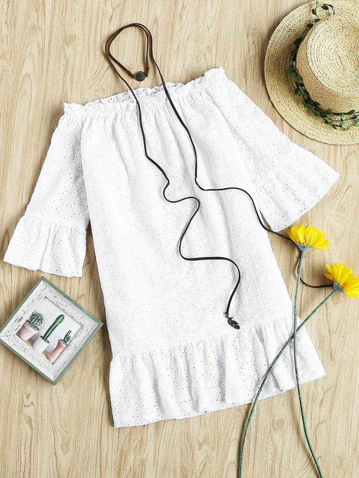Romwe Fluted Sleeve Ruffle Hem Eyelet Embroidered Bardot Dress