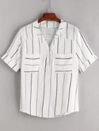 Romwe White Striped V Neck Chest Pocket Blouse