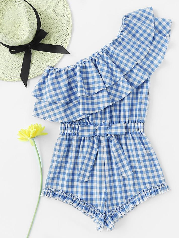 Romwe One Shoulder Flounce Layered Waist Bow Romper