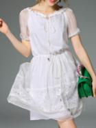 Romwe White Tie Neck Drawstring Contrast Lace Dress