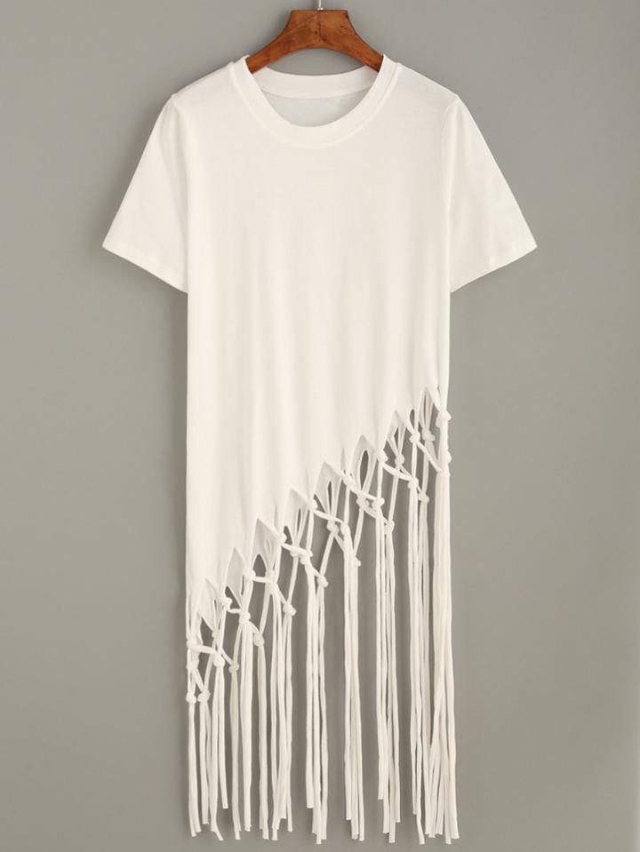 Romwe White Macrame Fringe Asymmetric T-shirt