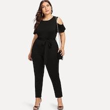 Romwe Plus Open Shoulder Self Tie Waist Jumpsuit