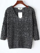 Romwe Dark Grey V Neck Hollow Knitwear