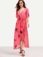 Romwe V-neck High Waist Printed Asymmetric Chiffon Dress - Pink