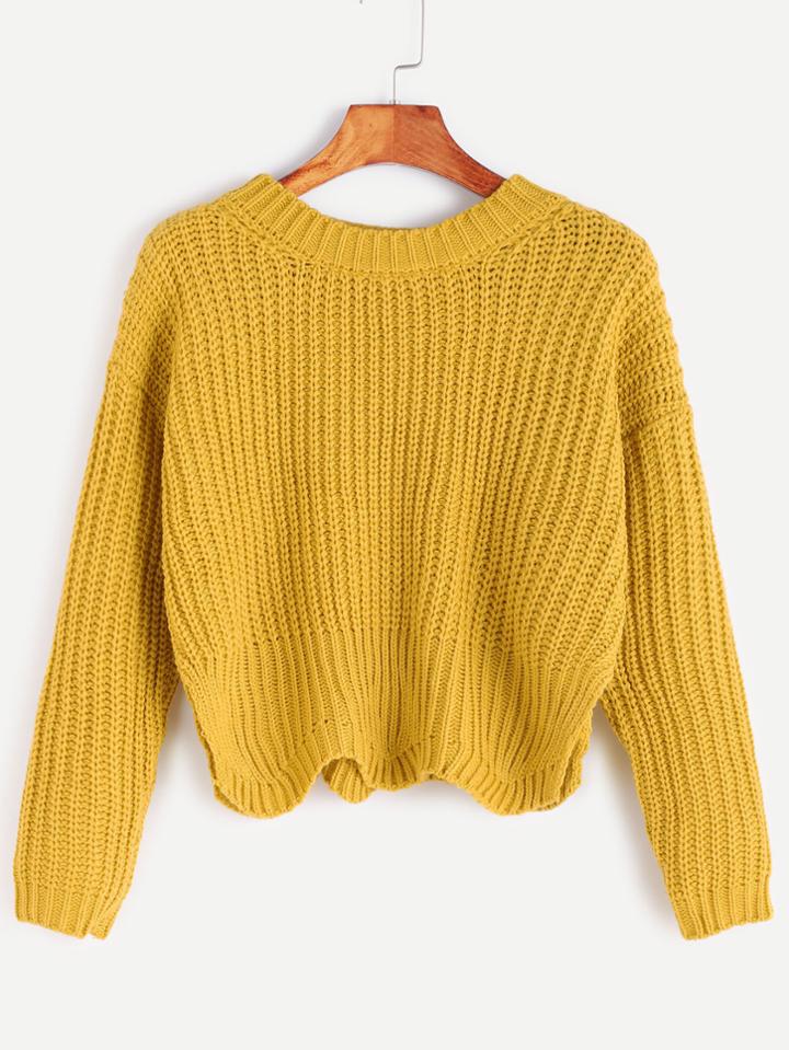 Romwe Yellow Drop Shoulder Slit Side Wave Hem Sweater