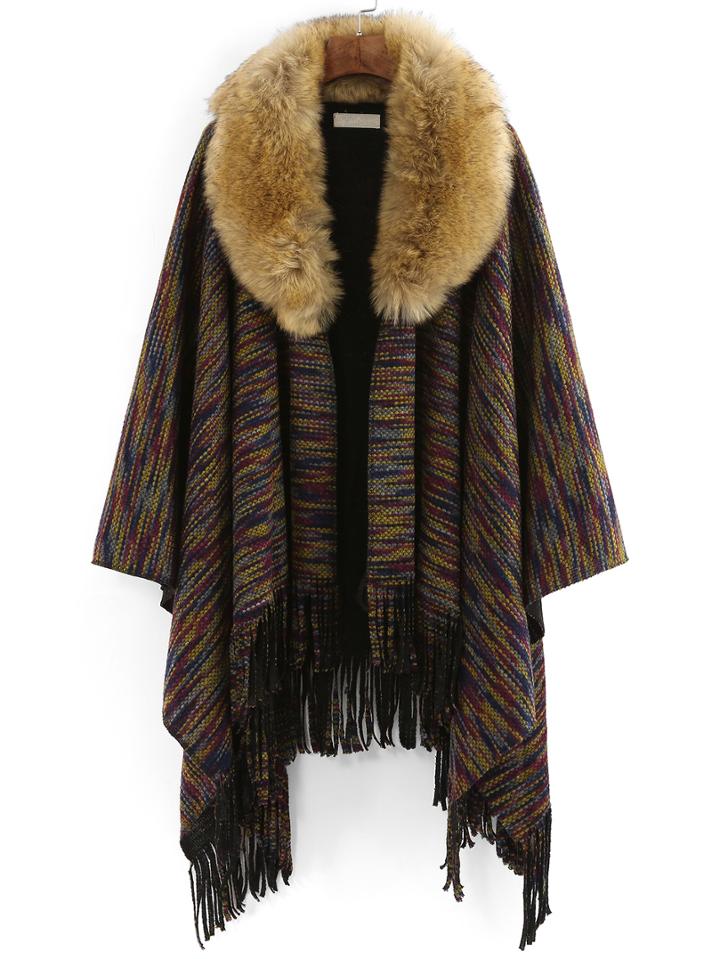 Romwe Lapel High Low Fringe Poncho