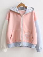 Romwe Color Block Letter Embroidery Zipper Up Hooded Sweatshirt