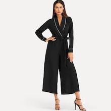 Romwe Contrast Trim Self Tie Waist Jumpsuit