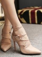 Romwe Nude Lace Up High Stiletto Heel Pumps