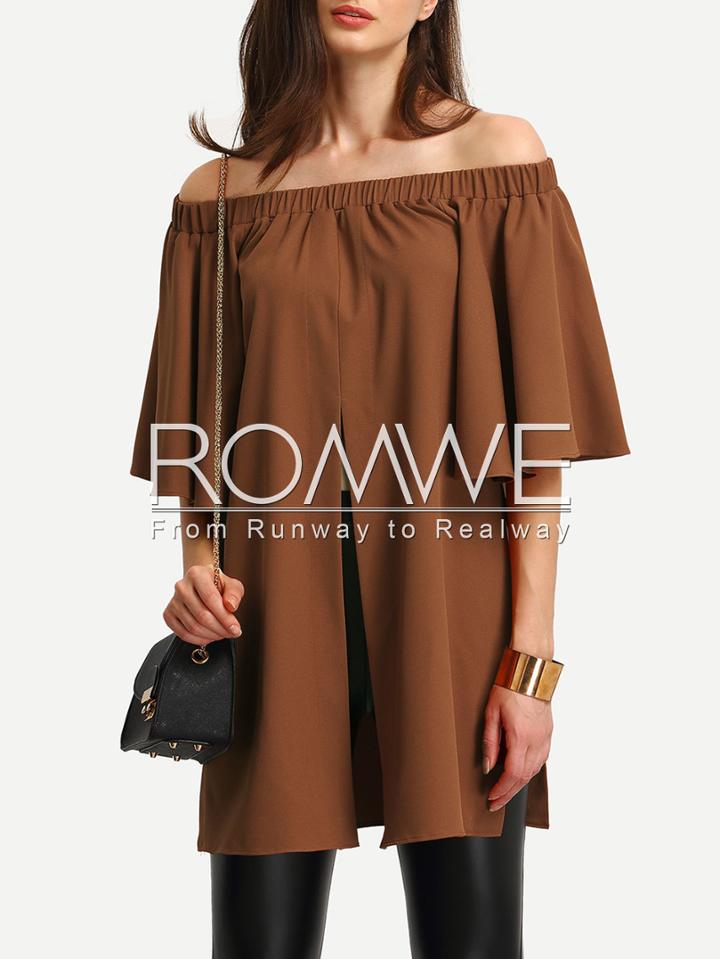 Romwe Dark Coffee Off The Shoulder Split Blouse