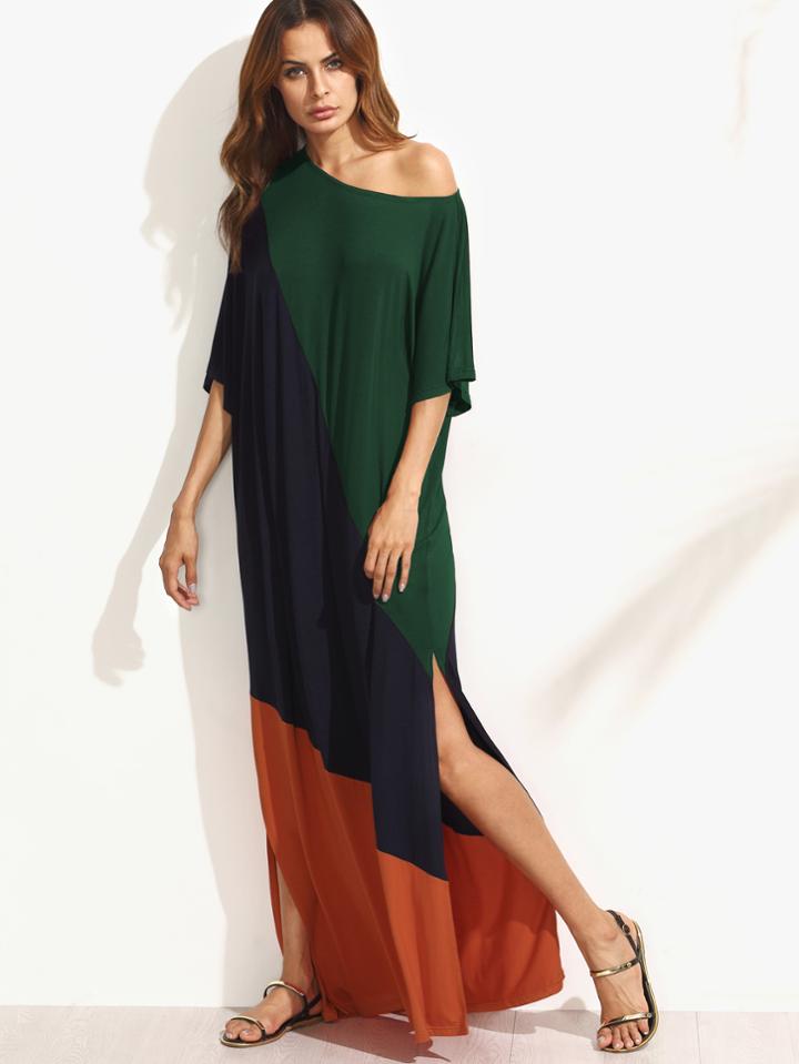 Romwe Asymmetric Shoulder Side Slit Cut And Sew Tee Dress