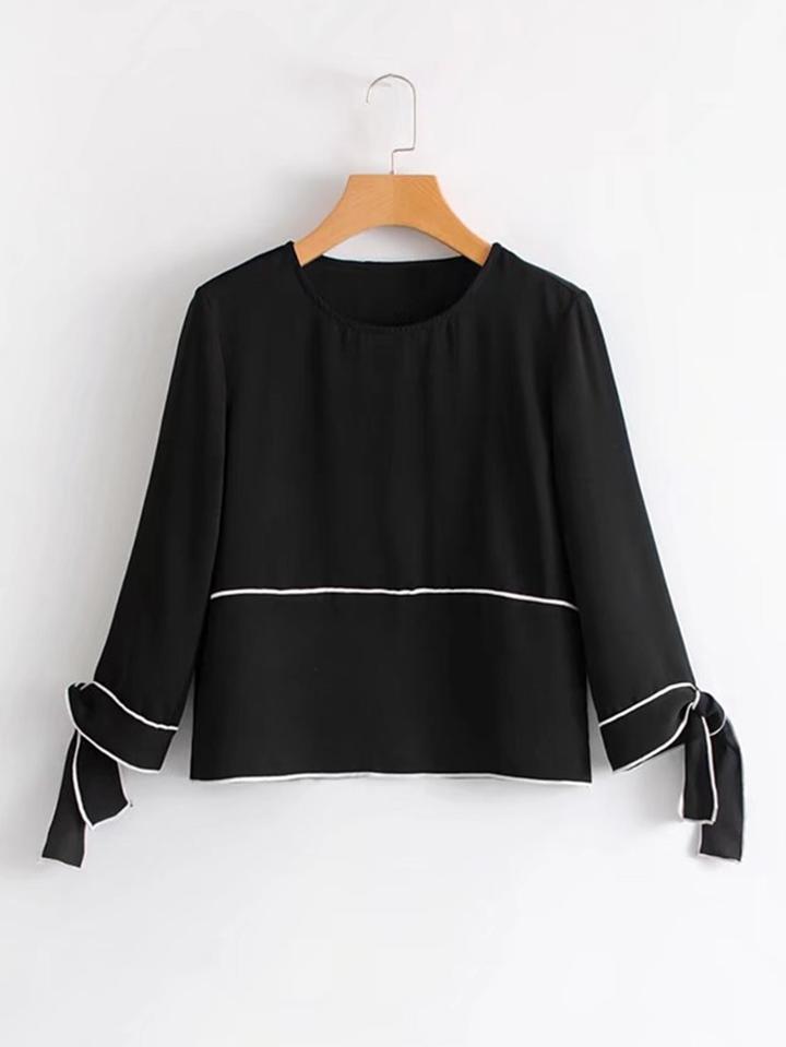 Romwe Contrast Binding Knot Cuff Blouse